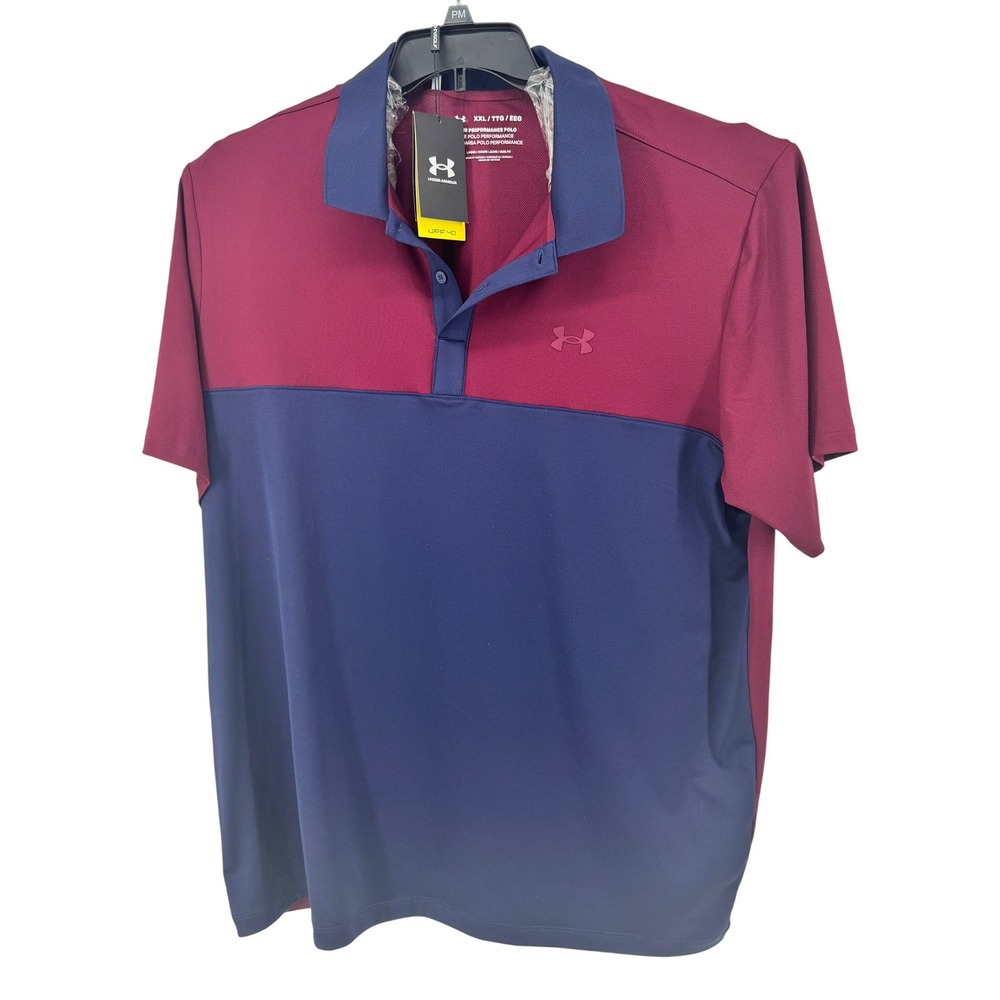 Under Armour Shirt‎ 2XL Mens performance 3.0 Color Block Golf Polo Maroon Navy